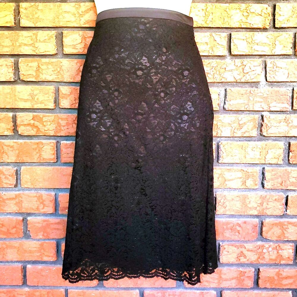 VTG Black Floral Lace Pencil Skirt Sz 6 Nine & Co Knee Length Lined Whimsigoth